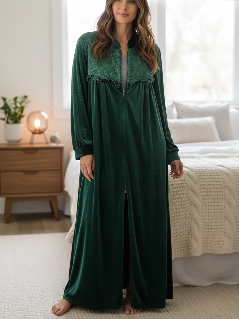 Vintage 80s Emerald Green Velour House Coat Large Quilted Amanda Stewart Cozy